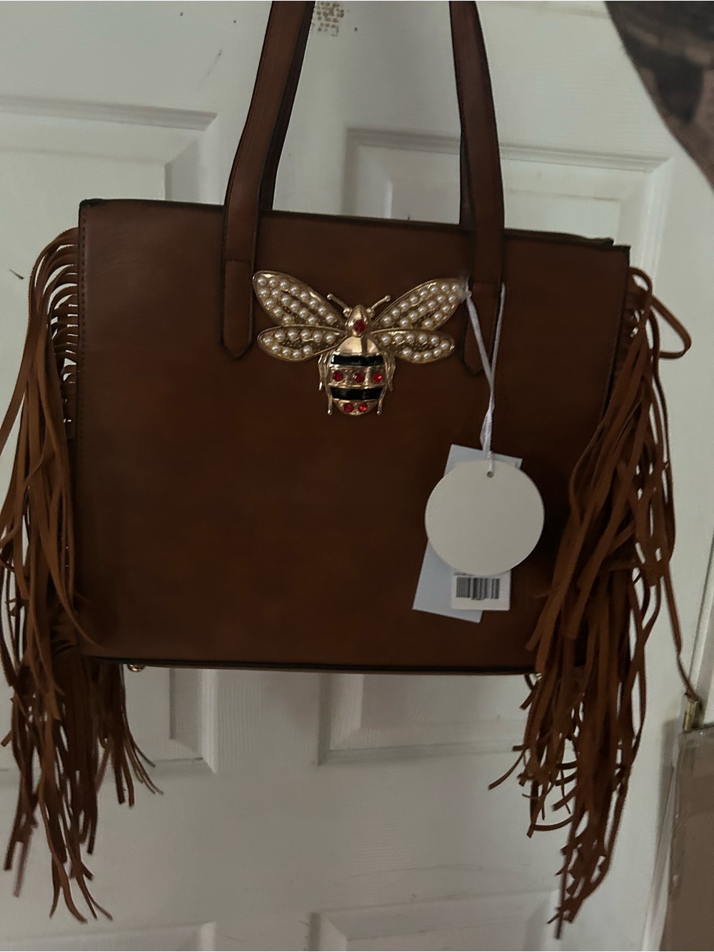 Vegan leather Brown Fringe Tote Bag with Bee Emblem